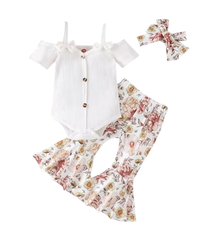 The Genevieve - Baby Girl Ribbed Off Shoulder Short Sleeve Button Bodysuits + Floral Flare Long Pants + Headband