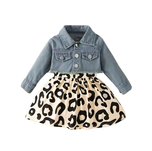 The Anastasia - Baby Girl Sleeveless Fawn Print Dress Denim Embroidery Long Sleeve Jacket