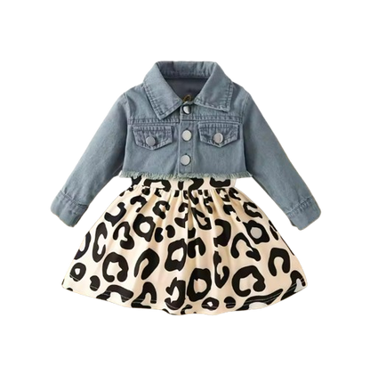 The Anastasia - Baby Girl Sleeveless Fawn Print Dress Denim Embroidery Long Sleeve Jacket