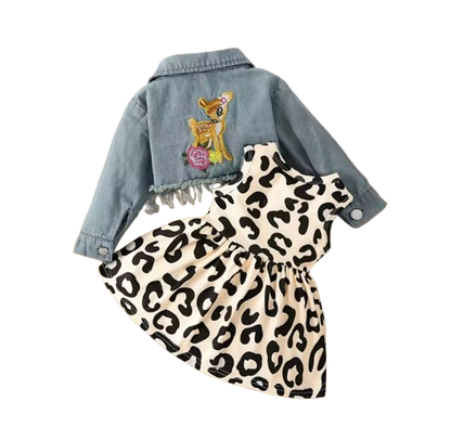 The Anastasia - Baby Girl Sleeveless Fawn Print Dress Denim Embroidery Long Sleeve Jacket