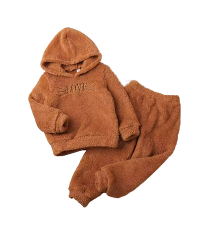 The June - Baby Unisex Love Print Embroidered Brown Cute Fur Hoodie + Pants