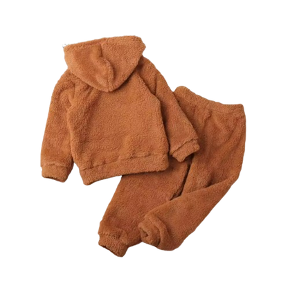 The June - Baby Unisex Love Print Embroidered Brown Cute Fur Hoodie + Pants