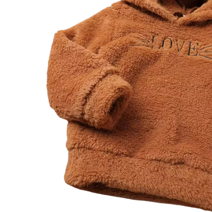 The June - Baby Unisex Love Print Embroidered Brown Cute Fur Hoodie + Pants