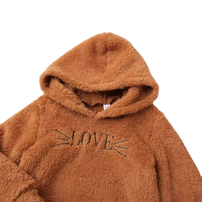 The June - Baby Unisex Love Print Embroidered Brown Cute Fur Hoodie + Pants