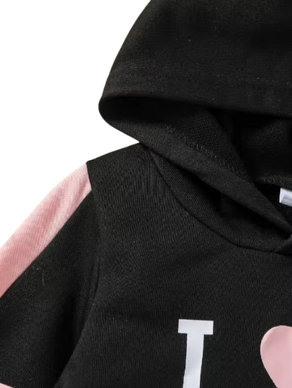 The Reagan - Baby Girl Black Printed Letter & Heart Pure Color Long-Sleeved Hooded Sweatshirt & Pants