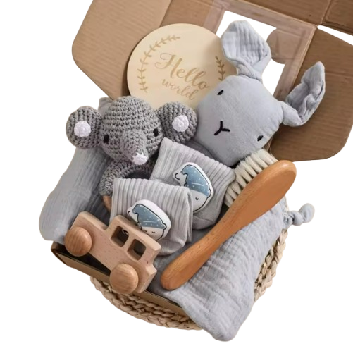 The Lukas - Baby Unisex 7PCS Newborn Bath Grey Elephant Set Gift Box