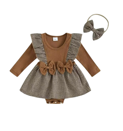 The Gemma - Baby Girl Long Sleeve Ruffle Houndstooth Print Patchwork Romper With Headband