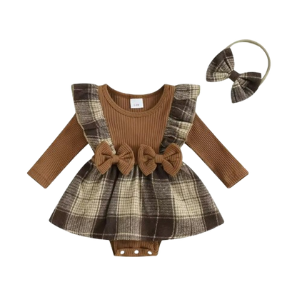 The Gemma - Baby Girl Long Sleeve Ruffle Houndstooth Print Patchwork Romper With Headband