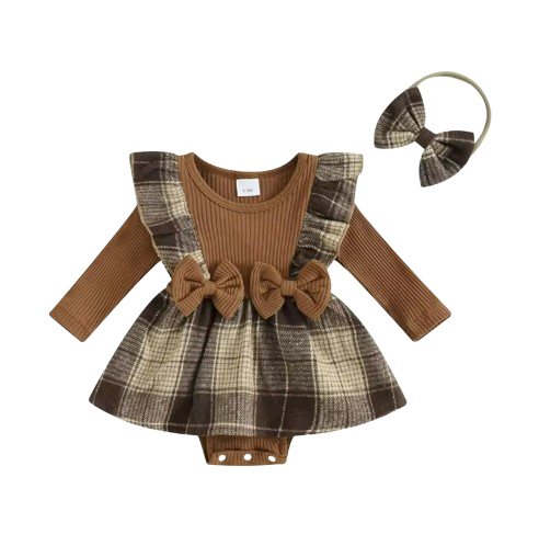 The Gemma - Baby Girl Long Sleeve Ruffle Houndstooth Print Patchwork Romper With Headband