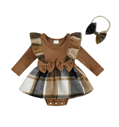 The Gemma - Baby Girl Long Sleeve Ruffle Houndstooth Print Patchwork Romper With Headband