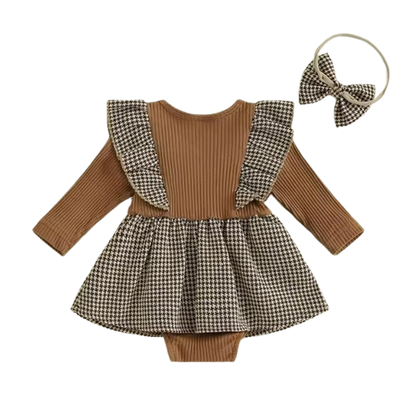 The Gemma - Baby Girl Long Sleeve Ruffle Houndstooth Print Patchwork Romper With Headband