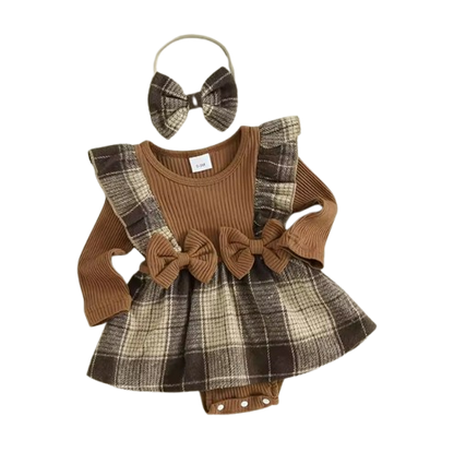 The Gemma - Baby Girl Long Sleeve Ruffle Houndstooth Print Patchwork Romper With Headband