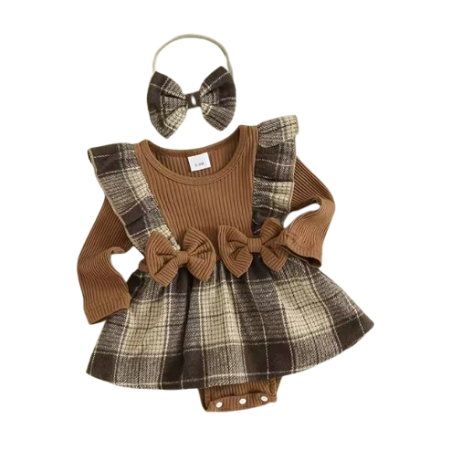 The Gemma - Baby Girl Long Sleeve Ruffle Houndstooth Print Patchwork Romper With Headband