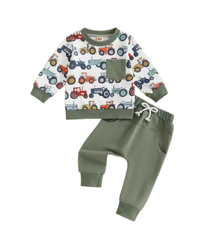 The Simon - Baby Boy Long Sleeve Crew Neck Tractor Print Sweatshirt with Elastic Waist Sweatpants