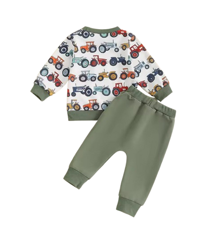The Simon - Baby Boy Long Sleeve Crew Neck Tractor Print Sweatshirt with Elastic Waist Sweatpants