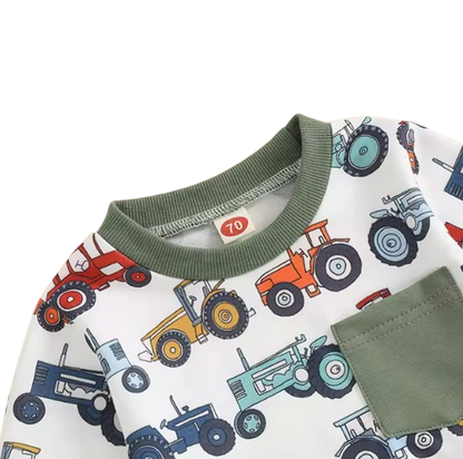 The Simon - Baby Boy Long Sleeve Crew Neck Tractor Print Sweatshirt with Elastic Waist Sweatpants