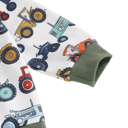 The Simon - Baby Boy Long Sleeve Crew Neck Tractor Print Sweatshirt with Elastic Waist Sweatpants