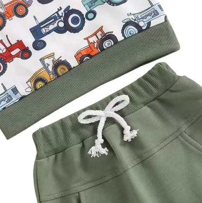 The Simon - Baby Boy Long Sleeve Crew Neck Tractor Print Sweatshirt with Elastic Waist Sweatpants