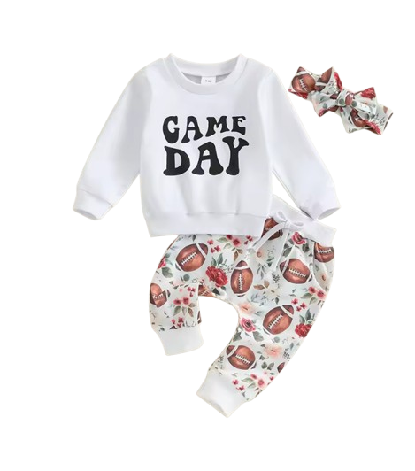 The Olive - Baby Girl "Game Day" Print Long Sleeve Sweatshirt + Football Print Pants + Headband Set