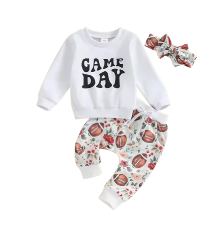 The Olive - Baby Girl "Game Day" Print Long Sleeve Sweatshirt + Football Print Pants + Headband Set