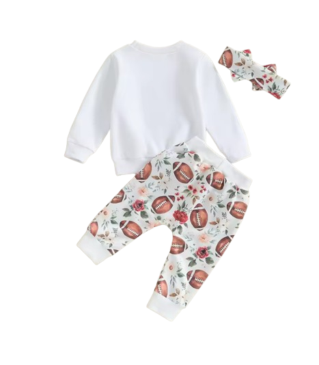 The Olive - Baby Girl "Game Day" Print Long Sleeve Sweatshirt + Football Print Pants + Headband Set