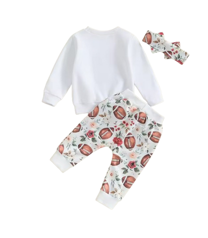 The Olive - Baby Girl "Game Day" Print Long Sleeve Sweatshirt + Football Print Pants + Headband Set