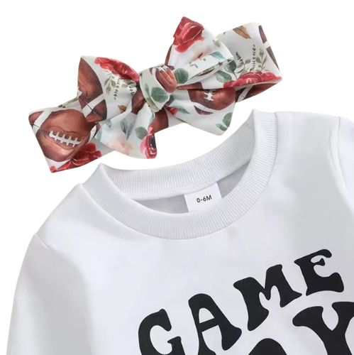 The Olive - Baby Girl "Game Day" Print Long Sleeve Sweatshirt + Football Print Pants + Headband Set