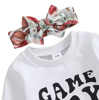 The Olive - Baby Girl "Game Day" Print Long Sleeve Sweatshirt + Football Print Pants + Headband Set