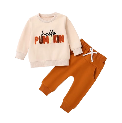 The Myla - Baby Girl "Hello Pumpkin" Letters Printed Embroidery Long-Sleeved T-Shirt + Bell-Bottom Pants