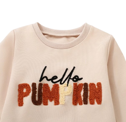 The Myla - Baby Girl "Hello Pumpkin" Letters Printed Embroidery Long-Sleeved T-Shirt + Bell-Bottom Pants