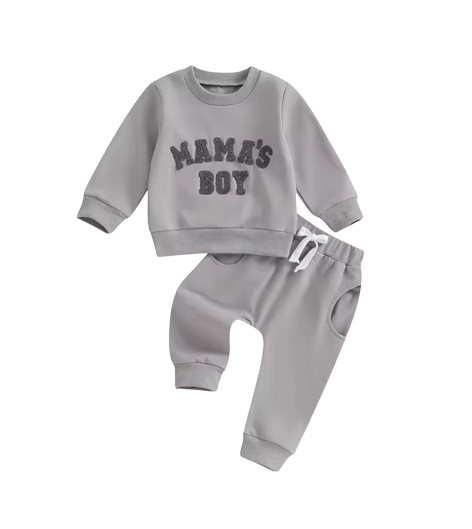 The Marcus - Baby Boy "Mama's Boy" Embroidered Letter Crewneck Sweatshirt + Casual Pants