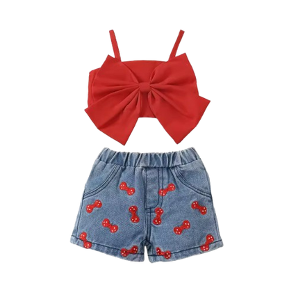 The Jasmine - Baby Girl Pure Red Suspender + Embroidered Printed Denim Shorts