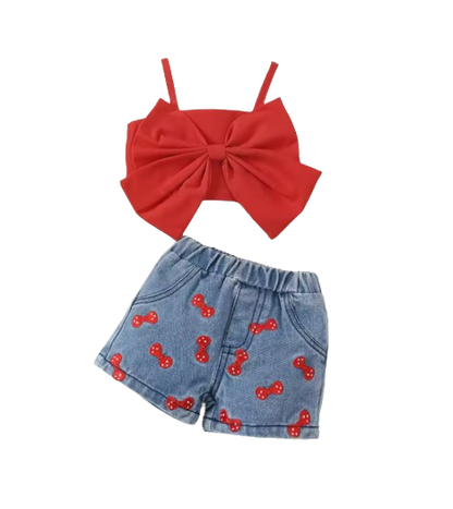 The Jasmine - Baby Girl Pure Red Suspender + Embroidered Printed Denim Shorts