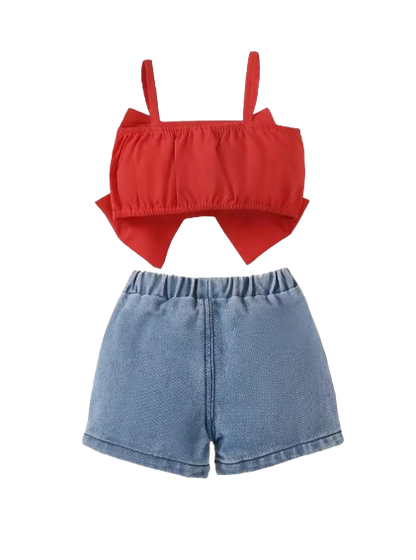The Jasmine - Baby Girl Pure Red Suspender + Embroidered Printed Denim Shorts