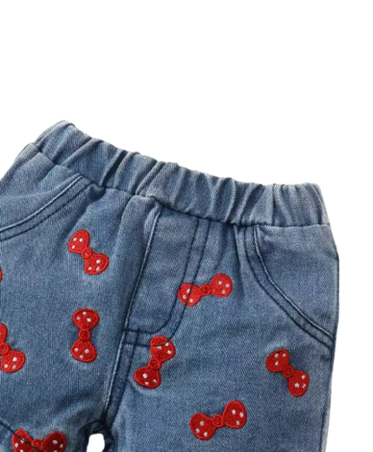 The Jasmine - Baby Girl Pure Red Suspender + Embroidered Printed Denim Shorts