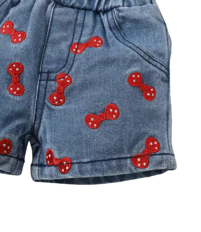 The Jasmine - Baby Girl Pure Red Suspender + Embroidered Printed Denim Shorts