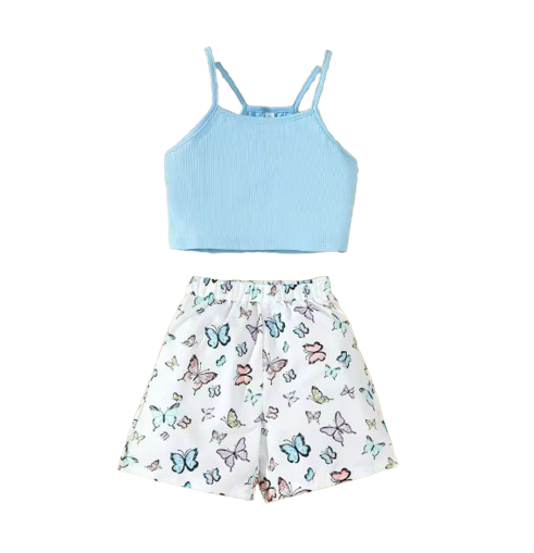 The Hallie - Baby Girl Blue Slip Top+Butterfly Printing Shorts