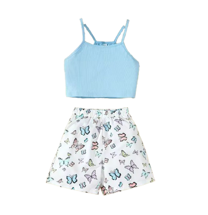 The Hallie - Baby Girl Blue Slip Top+Butterfly Printing Shorts