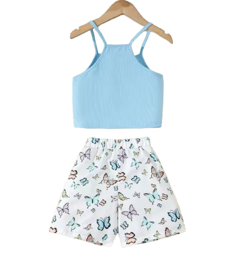 The Hallie - Baby Girl Blue Slip Top+Butterfly Printing Shorts