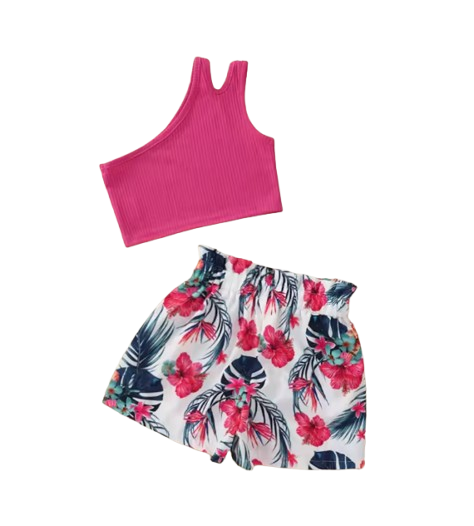 The Presley - Baby Girl Pink Tank Top Cross-Body Suspender Flower Print Shorts