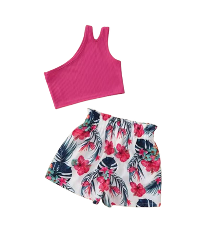 The Presley - Baby Girl Pink Tank Top Cross-Body Suspender Flower Print Shorts