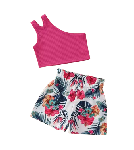 The Presley - Baby Girl Pink Tank Top Cross-Body Suspender Flower Print Shorts