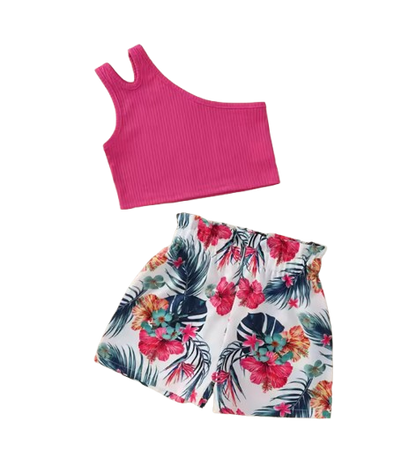 The Presley - Baby Girl Pink Tank Top Cross-Body Suspender Flower Print Shorts