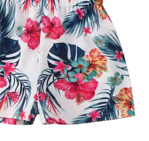 The Presley - Baby Girl Pink Tank Top Cross-Body Suspender Flower Print Shorts