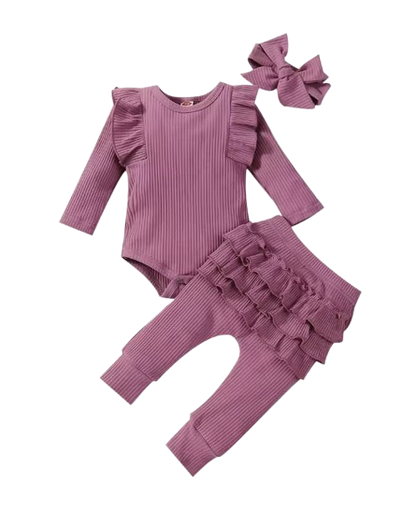 The Amy - Baby Girl Long Sleeve Ruffle Romper Bodysuits + Pants + Bow Headband