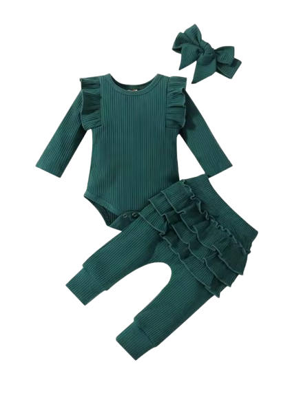 The Amy - Baby Girl Long Sleeve Ruffle Romper Bodysuits + Pants + Bow Headband