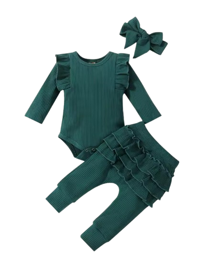 The Amy - Baby Girl Long Sleeve Ruffle Romper Bodysuits + Pants + Bow Headband