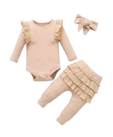 The Amy - Baby Girl Long Sleeve Ruffle Romper Bodysuits + Pants + Bow Headband