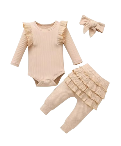 The Amy - Baby Girl Long Sleeve Ruffle Romper Bodysuits + Pants + Bow Headband