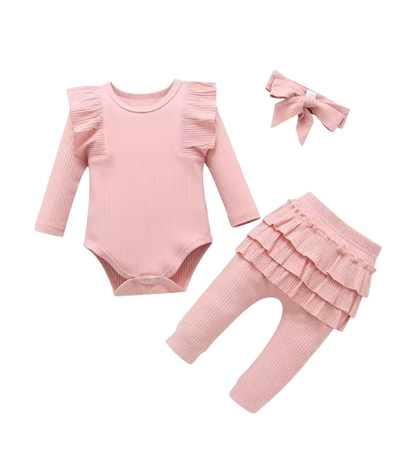 The Amy - Baby Girl Long Sleeve Ruffle Romper Bodysuits + Pants + Bow Headband